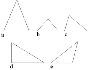 Fem forskjellige trekanter. Øverst trekant a, b og c og under trekant d og e.